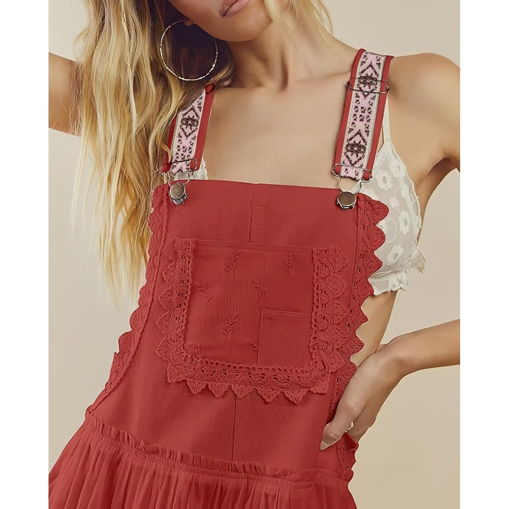 Boho Overall Maxi Dress Terracotta Red Lace Trim Tiered Skirt L - Picture 3 of 6